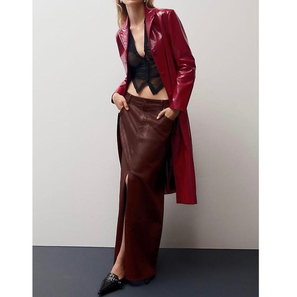 Pilcro Anthropologie Maroon Burgundy Madi Front‎ Slip Denim Long Maxi Skirt 0 XS - Picture 1 of 7